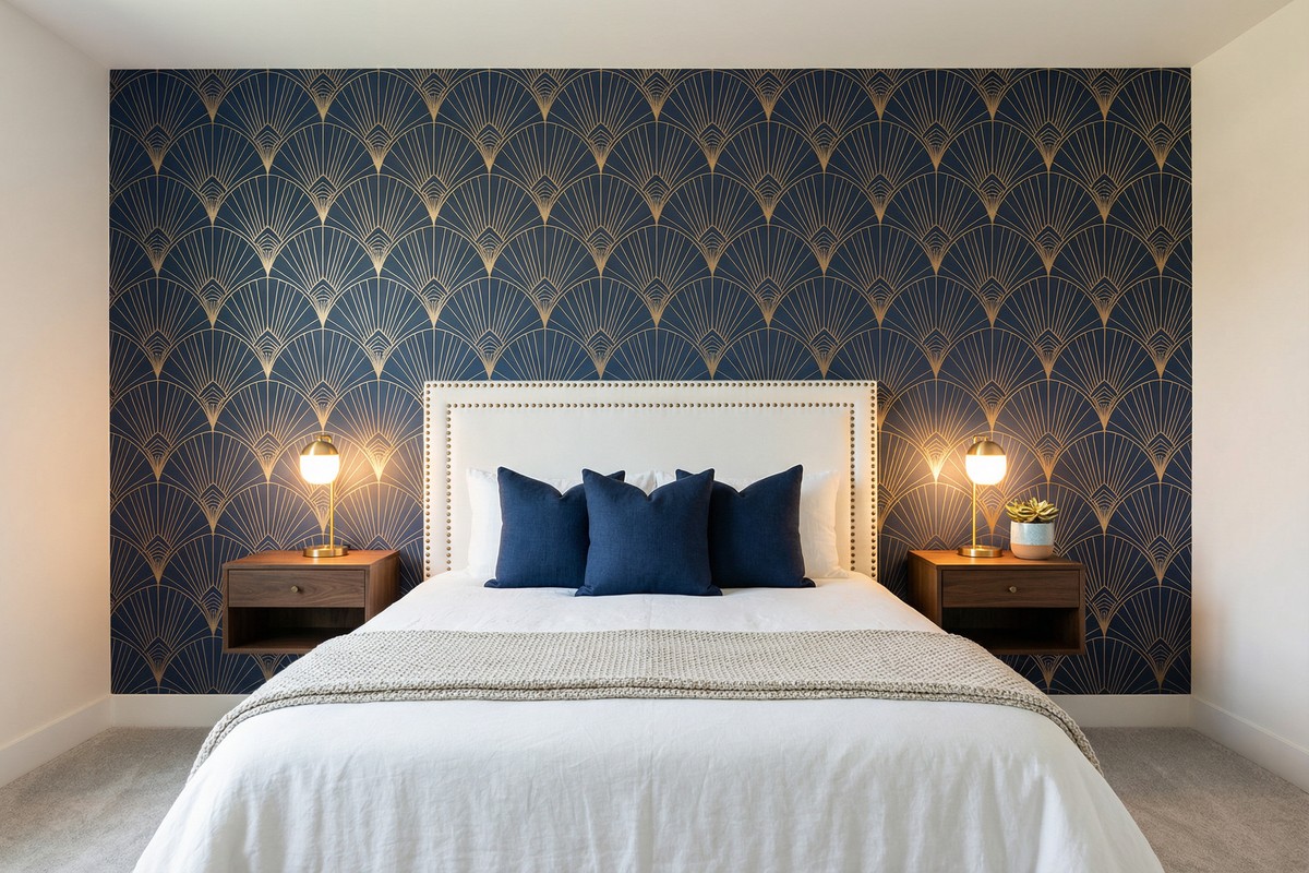 After wallpaper installation — bedroom with floral accent wall